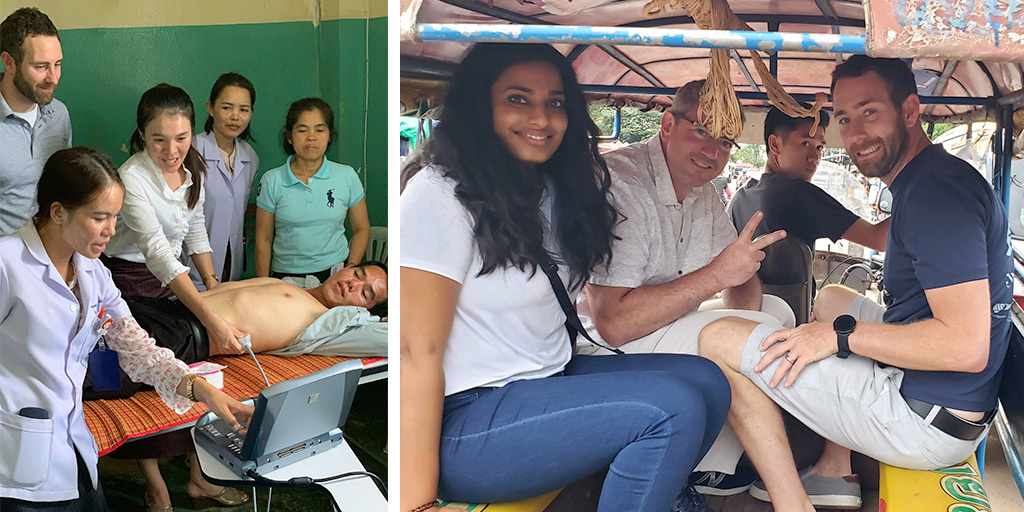 Dr. Jeff Dan teaching clinicians about ultrasound in Laos; Dr. Jeff Dan and friends riding a jumbo taxi in Vientiane, Laos