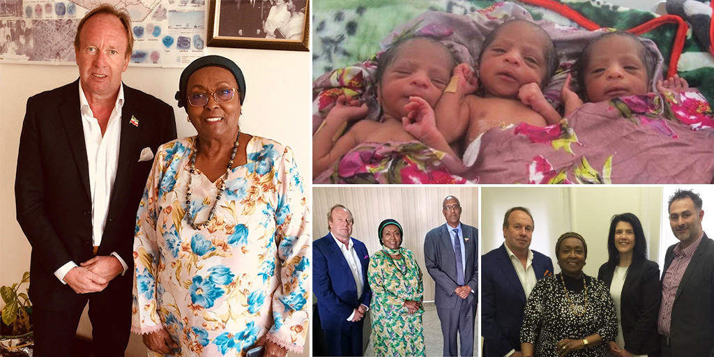 Edna Aden with various hospital officials. Three babies in a hospital.