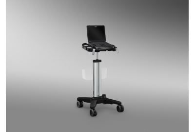 Portable ultrasound system with optional stand, which includes storage basket.